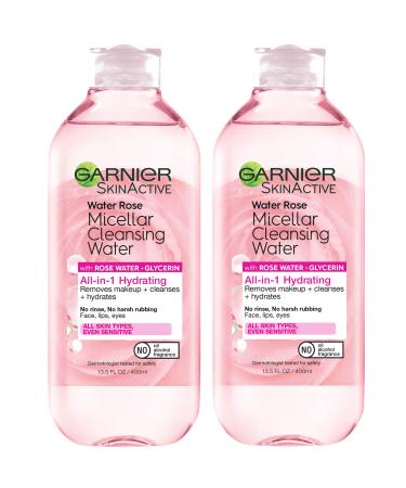 Garnier SkinActive Micellar Water with Rose Water and Glycerin, Facial Cleanser & Makeup Remover, All-in-1 Hydrating, 13.5 fl. oz, 2 count (Packaging May Vary)