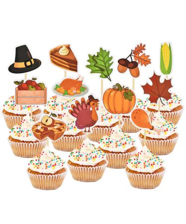 HOKPA Thanksgiving Cupcake Toppers 36 Pcs Turkey Pumpkin Maple Leaf Chestnut Muffin Cupcake Picks for Thanksgiving Day Festival Party Decoration