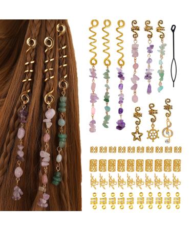 AUNEAL Hair Accessories for Women Hair Jewelry for Braids Dreadlock Accessories Beads Stone Hair Clips Colored Gold Metal Hair Charms Hair Rings Hairstyle Decoration For Girls(50 pcs) 01 Gold-50PCS