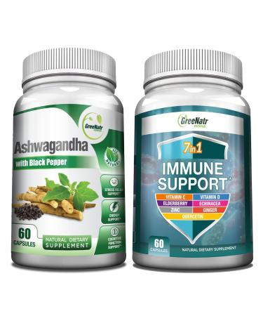 GreeNatr 7-in-1 Immune Support Supplement with Vitamin C Vitamin D3 Zinc 50mg Quercetin Combined with Organic Ashwagandha Capsules Featuring Black Pepper for Enhanced Absorption
