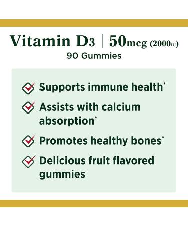 Nature's Bounty Vitamin D3 Gummies - Strawberry, Orange & Lemon Flavored (50 mcg, 2000 IU) - 90 Count - Buy Online on GoSupps.com