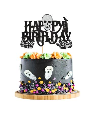 Ercadio 1 Pack Halloween Skull Cake Toppers Glitter Skull Happy Birthday Cupcake Picks Halloween Birthday Cake Picks for Halloween Theme Party Cake Decor Supplies 10