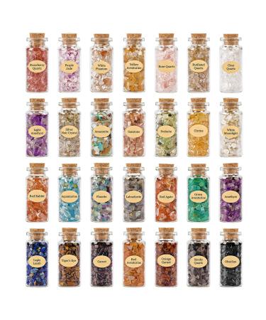 QUEFE 28pcs Different Crystals and Healing Stone, Crystals Chips Set for Witchcraft, Gemstone Bottles Chip Stones Set Healing Protection Spiritual Gemstones for Witchcraft Decor and Crystal Decor