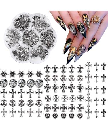 AEDNX 70pcs Cross Nail Charms 3D Nail Art Charms Flatback Sliver Metal Nail Charms Punk Vintage Nail Art Supplies for Acrylic Nail Decoration Girls Womenn Gift