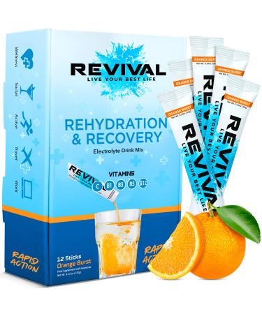 Revival Rapid Rehydration Electrolytes Powder - High Strength Vitamin C B1 B3 B5 B12 Supplement Sachet Drink Effervescent Electrolyte Hydration Tablets - 12 Pack Orange 12 Servings (Pack of 1) Orange Burst