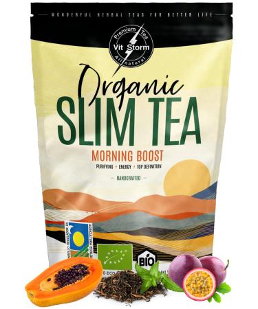 SLIM TEA Morning Boost Energy BIO - Detox & Draining Tea - Herbal Tea Powerful Draining Water Retention - Slims the Silhouette - Green Tea, Nettle, Dandelion, Moringa, Mango, Loose Tea 100g - VITSTORM