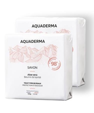 Aquaderma Solid Soap with Organic Shea Butter & Aloe Vera Pack of 2 x 100g - 98% Natural Origin & Made in France - Protection & Softness - All Skin Types