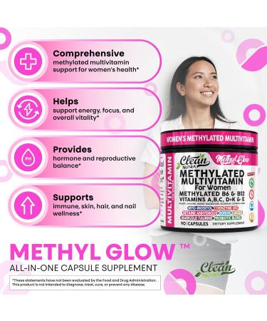 Methylated Multivitamin for Women Vitamins B6 Methyl B12 A B C D K E Folate Choline Omega 3 Thiamine Riboflavin Iron Iodine Magnesium Zinc Selenium Copper Calcium 90 Capsules by Clean Nutra - Buy Online on GoSupps.com