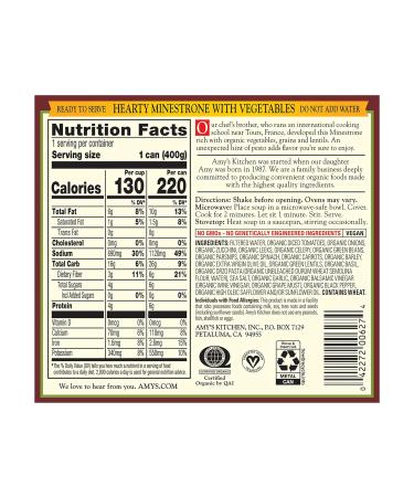 Amy's Soup Vegan Organic Hearty Minestrone 14.1 oz (Pack of 12) - Pasta, Beans, Veggies - Buy Online on GoSupps.com