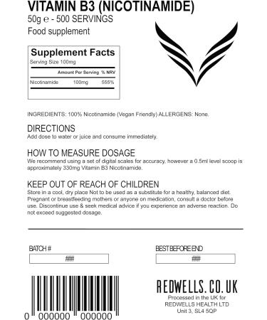 REDWELLS Non Flush Vitamin B3 Powder Nicotinamide - GMO Free 50g Pack (1 Pack) - Buy Online on GoSupps.com