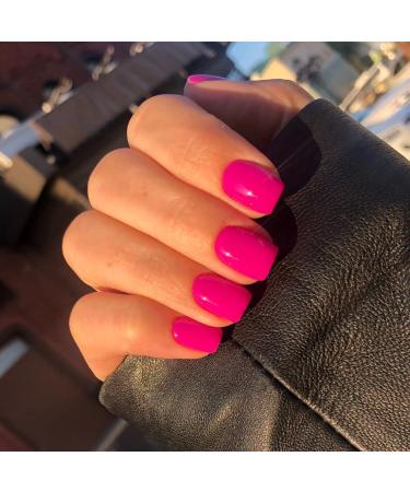 Hot Pink Press On Nails Short Square KXAMELIE Natural Short Gel Nails Glue on Acrylic Nails Press ons Featured Protective Coat Thick Reusable Fake Nails Solid Color 24 Short Coffin Artificial Nails pure hot pink