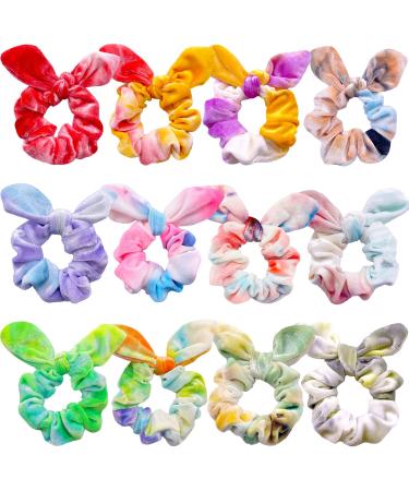 IVARYSS Bow Scrunchies for Little Girls, 12 Pcs Tie Dye Velvet Rabbit Bunny Ear Small Scrunchy for Kids, Cute Rainbow Ponytail Holder, Soft Bowknot Elastic Hair Bands Accessories