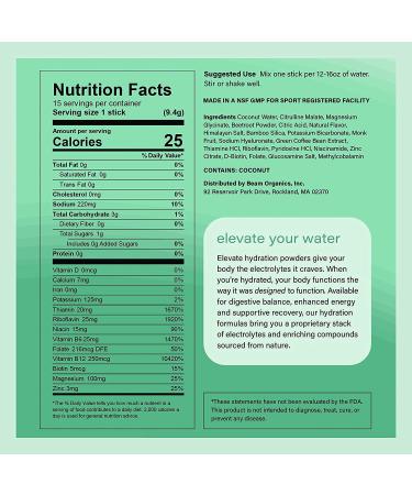 Beam Organics Watermelon Hydration Energy Powder Packets - 15 Single Serves | Hydrating Pre Workout Boost, Coffee Substitute & Immune Support - Buy Online on GoSupps.com