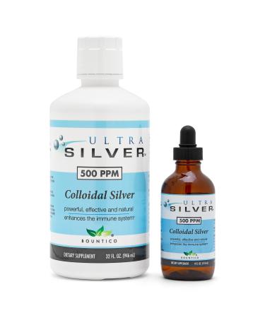 Ultra Silver Colloidal Silver | 500 PPM 32 Oz (946mL) | Mineral Supplement | True Colloidal Silver - 4 oz Dropper Bottle (Empty) Included for Dispensing!