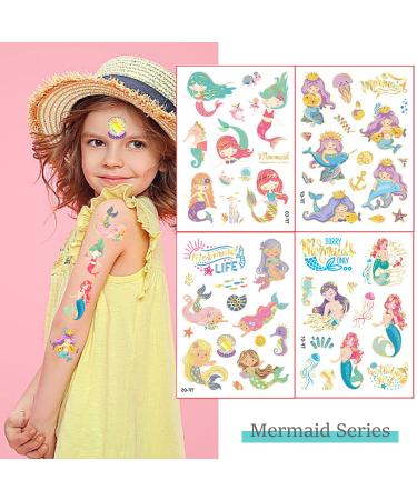 Mermaid Temporary Tattoos for Kids - Cute Cartoon Fake Tattoo Stickers with Marine Life Designs - Waterproof Body Art Stickers - 8 Sheets - Buy Online on GoSupps.com