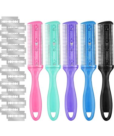 5 Pieces Razor Comb with 20 Pieces Razors, Hair Cutter Comb Dual Side Cutting Scissors Hair Thinning Comb Double Edge Hair Razor Comb Slim Haircuts Cutting Tool (5 Colors)