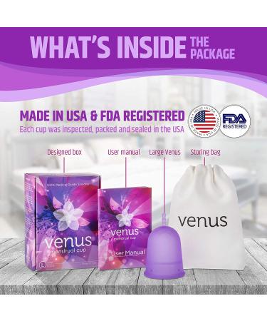 Venus Large Menstrual Cup - High Capacity for Heavy Flow - Made in USA - Medical Grade Silicone - Reusable Period Cup - Unique Design for High Cervix - Purple Large (1 Pack) - Buy Online on GoSupps.com
