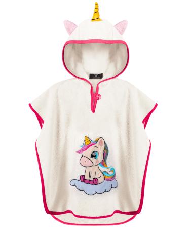 Laynenburg Premium bathing poncho children with hood - 100% cotton - Oeko Tex - Baby young girls towel poncho terryon 3-5 years of cream - unicorn