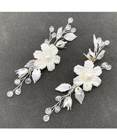 BETITETO Pearls Flower Hair Clips 2pcs Bridal White Floral Silver Leaf Vine Hair Pieces Accessories for Wedding Women - Buy Online on GoSupps.com