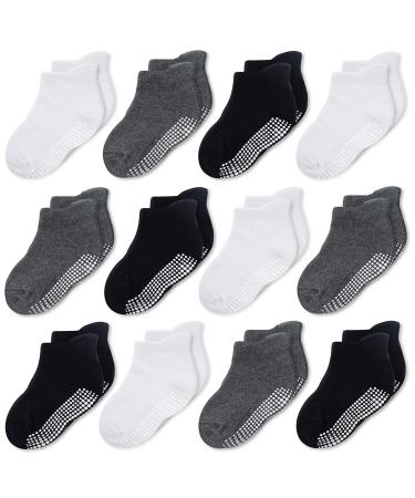 CozyWay Baby Non-Slip Baby Socks Toddler Socks With Grippers Ankle Style 0-6 Months Black White DarkGrey 12 Pairs