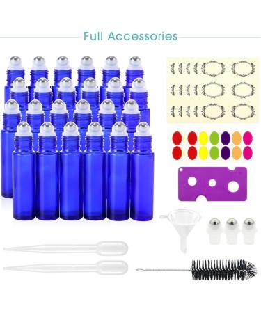 Mavogel 10ml Cobalt Blue Glass Essential Oil Roller Bottles - 24 Count with Stainless Steel Roller Balls, Labels, Opener, Funnel, Dropper and Brush - Perfect for Aromatherapy (Pack of 1) - Buy Online on GoSupps.com
