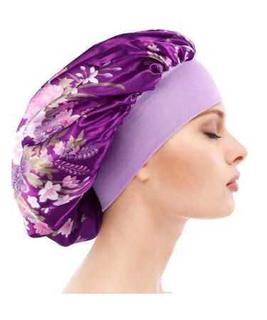 SUPVOX Sleep Night Cap Silk Satin Wide Band Bonnet Night Head Cover Flower Hair Turbans for Women Hair Beauty Hair Care Cap (Purple)