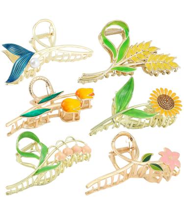 6PCS Metal Flower Hair Claw Clips - Women Hair Accessories Vivd Tulip Rose Sunflower Fishtail Butterfly Large Hair Clips Barrettes Strong Hold Hair Clamps Non-silp Chic Claw for Women Girls (Hair Clips Set-3)