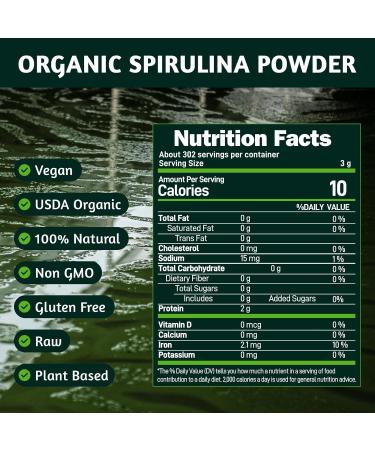 ATNreuro Organic Spirulina Powder 32oz USDA Certified 100% Pure & Natural Non-GMO Gluten-Free Detox & Energy Boost Rich in Protein Iron Antioxidants Superfood for Smoothies Ideal for Vegan - Buy Online on GoSupps.com