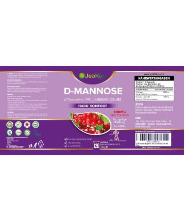 JEKEN D-Mannose Capsules with Cranberry Extract - Natural Antibiotic for Bladder Inflammation - 120 High-Dose Capsules (1 Pack) - Pure D-Mannose Powder - Buy Online on GoSupps.com