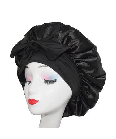 Queen Black Silk Bonnet - Satin Hair Bonnet for Sleeping - Stretchy Tie Band - Medium Size - Buy Online on GoSupps.com