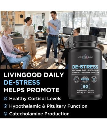 Livingood Daily De-Stress - Natural Cortisol Support with Ashwagandha, Rhodiola Rosea, Reishi Mushroom, Ginseng, Holy Basil & Horseradish - Vegan 60 Capsules - Buy Online on GoSupps.com