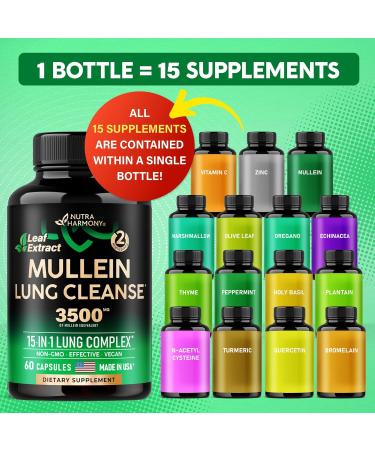 Mullein Leaf Extract 3500 mg 15-in-1 Lung Detox Supplement with Echinacea Oregano Quercetin & NAC Vegan Capsules & Tincture - USA Made Smokers Cleanse - Buy Online on GoSupps.com