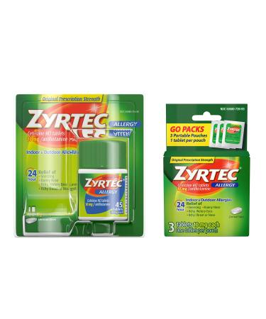 Zyrtec 24 Hour Allergy Relief Tablets, Bundle with 1 x 45ct and 1 x 3ct Travel Pack, 48 Piece Assortment 48 Count (Pack of 1)