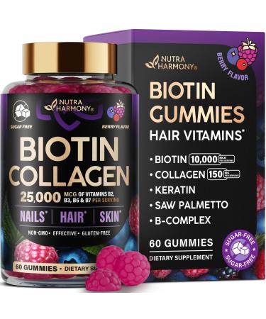 Biotin Gummies with Collagen - Hair Growth Support Skin & Nail Strength - for Women & Men - Biotin 10000mcg | Keratin | Hyaluronic Acid | B-Complex | Saw Palmetto - Sugar-Free Mixed Berry - 60 Gummy Mixed berry 60 Count (