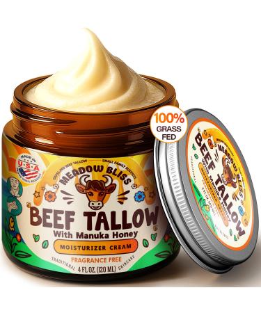 Meadow Bliss Beef Tallow for Skin - Moisturizer Cream - 100% Grass Fed - Whipped Beef Tallow - Manuka Honey - Organic Jojoba Oil, Shea Butter - Supports Eczema, Rosacea - USA - Fragrence Free - 4 oz