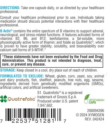 Xymogen Vitamin B Complex - B Activ - Activated B Vitamins with Benfotiamine and Quatrefolic - Support Adrenal and Immune Function + A Healthy Cardiovascular and Nervous System (30 Capsules) - Buy Online on GoSupps.com