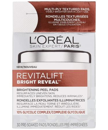 L'Oreal Paris Revitalift Bright Reveal Anti-Aging Peel Pads | Glycolic Acid Exfoliating Pads | Reduce Wrinkles & Brighten Skin | 30 Count - Buy Online on GoSupps.com