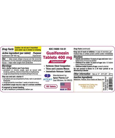 Guaifenesin 400 mg 100 Tablets - Fast-Acting Mucus Thinner for Colds, Chest Congestion, Flu, Coughing, Allergies - Apnar Pharma - Buy Online on GoSupps.com