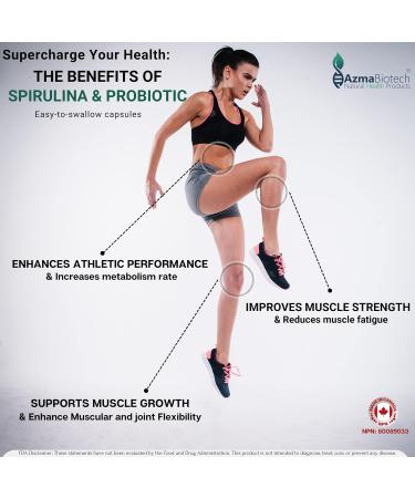 AzmaBiotech Organic Spirulina with Probiotics 1000mg Per Serving 60 Vegan Capsules 10 Billion CFU Supports Digestion Energy & Immune Health Nutrient-Rich Superfood for Women & Men 30-Day Supply Made in Canada Spirulina Probiotics - Buy Online on GoSupps.com
