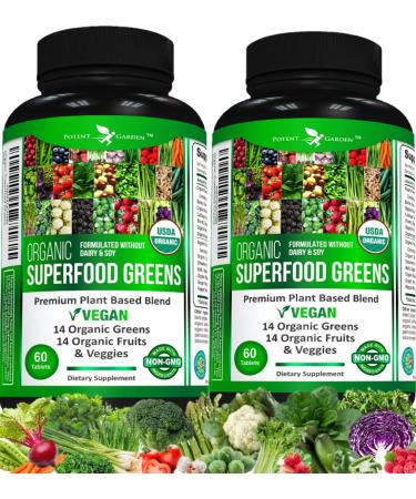 Potent Garden 2-Pack Organic Superfood Greens Fruit and Veggie Supplement Rich in Vitamins & Antioxidants with Alfalfa Beet Root & Tart Cherry to Boost Energy Immunity & Gut Health 120 Ct