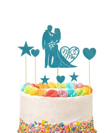 EKAM Bride And Groom Cake Topper Decoration Valentines Glitter Cake Topper Wedding Anniversary Cute Couple Cake Topper - 400gsm Glitter Card (Royal Blue)