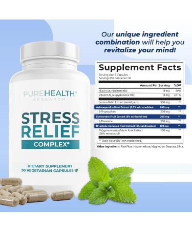 PUREHEALTH RESEARCH Stress Release Complex - Mood Support Supplement for Women & Men - Helps With Occasional Stress & Relaxation - With Ashwagandha L Theanine Lemon Balm Niacin & More - 90 Capsules - Buy Online on GoSupps.com