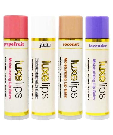 Luxe Beauty No-Beeswax No-Petroleum Organic Lip Moisturizer for Very Dry Lips - Lip Care for Sun/Wind Damage Dryness and Chapping 4-Pack Hydrating Lip Care Products That Work Over/Under Lipstick Essential Flavors