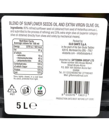 Dante Blend of Sunflower Seed Oil and Extra Virgin Olive Oil 5L - Buy Online on GoSupps.com