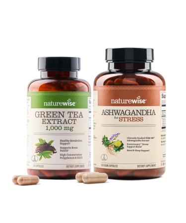 NatureWise 1 Green Tea Extract 1000 mg - Vegan Non-GMO - 60 Capsules 30-Day Supply + 1 Ashwagandha for Stress + GABA & L-Theanine - 60 Capsules 30-Day Supply