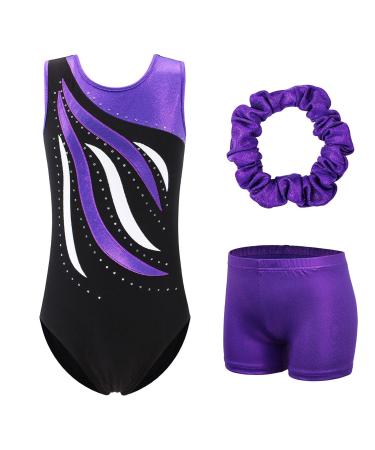 BAOHULU Leotards for Girls Gymnastics Embroidery Glitter Tumbling Shorts Bottoms 15-16 Years Blackpurple Set