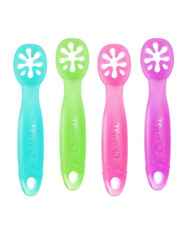 ChooMee FlexiDip Baby Starter Spoon | Platinum Silicone | First Stage Teething Friendly Learning Utensil | 4 CT | Four Colors