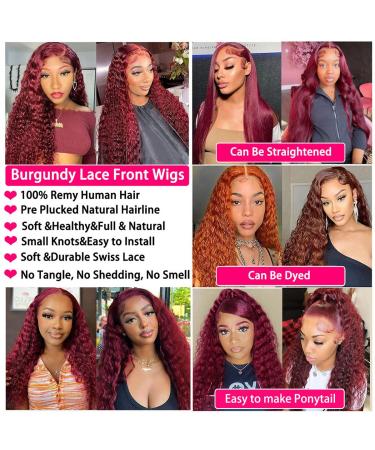 MAXTASK Burgundy Lace Front Human Hair Wig | Pre Plucked 99J Deep Wave HD Lace | Red Colored Wet & Wavy Curly Wig for Black Women - Buy Online on GoSupps.com