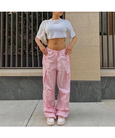 Gufesf Women's Parachute Pants - Drawstring Elastic Low Waist Sweatpants, Loose Baggy Y2K Cargo Trousers with Pockets (Ak-c-pink, X-Large) - Buy Online on GoSupps.com