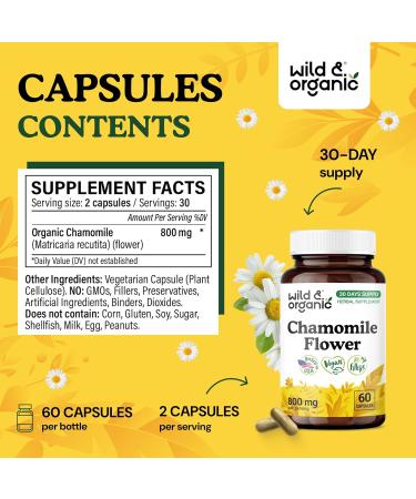 Wild & Organic Chamomile Capsules 800 mg - Relaxation & Digestive Support - Herb Chamomile Extract Supplement - Matricaria Recutita Flower - Vegan No Fillers Non-GMO - 60 Count 60 Count (Pack of 1) - Buy Online on GoSupps.com